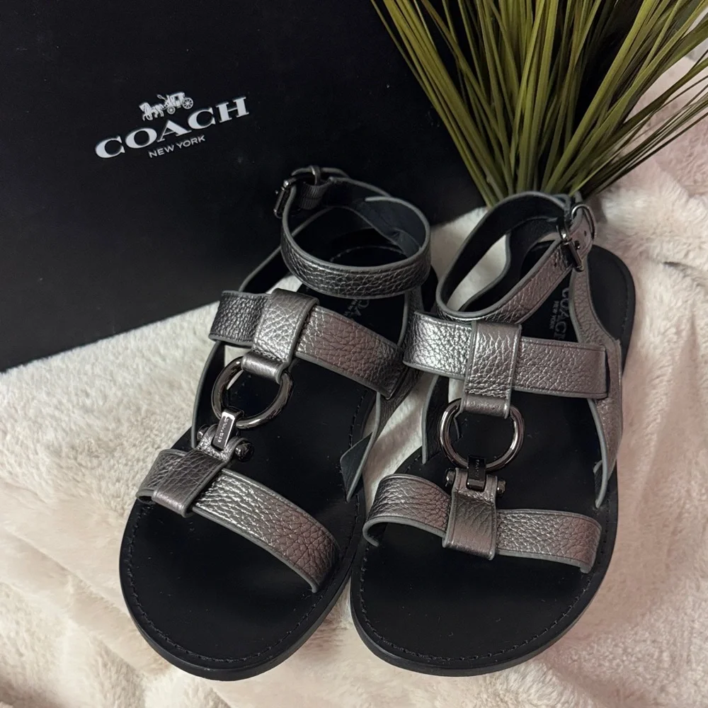 Coach Elaine Metallic Pebble Leather Gunmetal Sandals - Picture 3 of 5